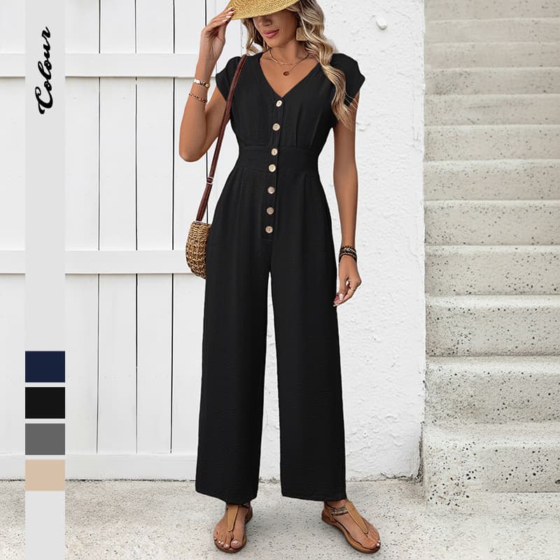 Amazon 2025 New European and American Cross-Border Vacation Simple Style Jumpsuit V-Neck Solid Color Wide-Leg Long Jumpsuit