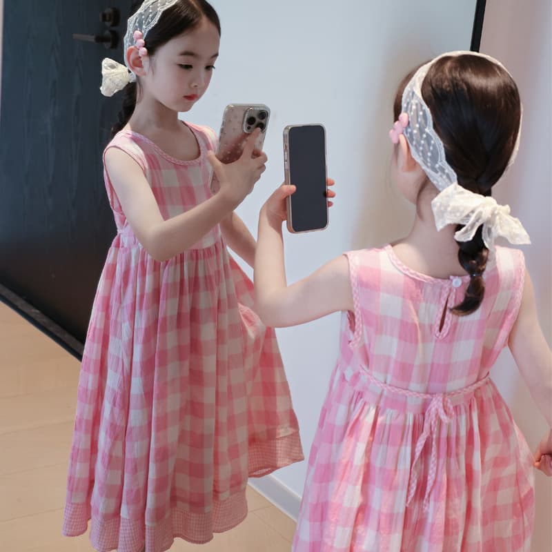 Girls Summer Dress Pink Seaside Children's Dress Sleeveless Plaid Long Dress Cotton Princess Dress Thin Style