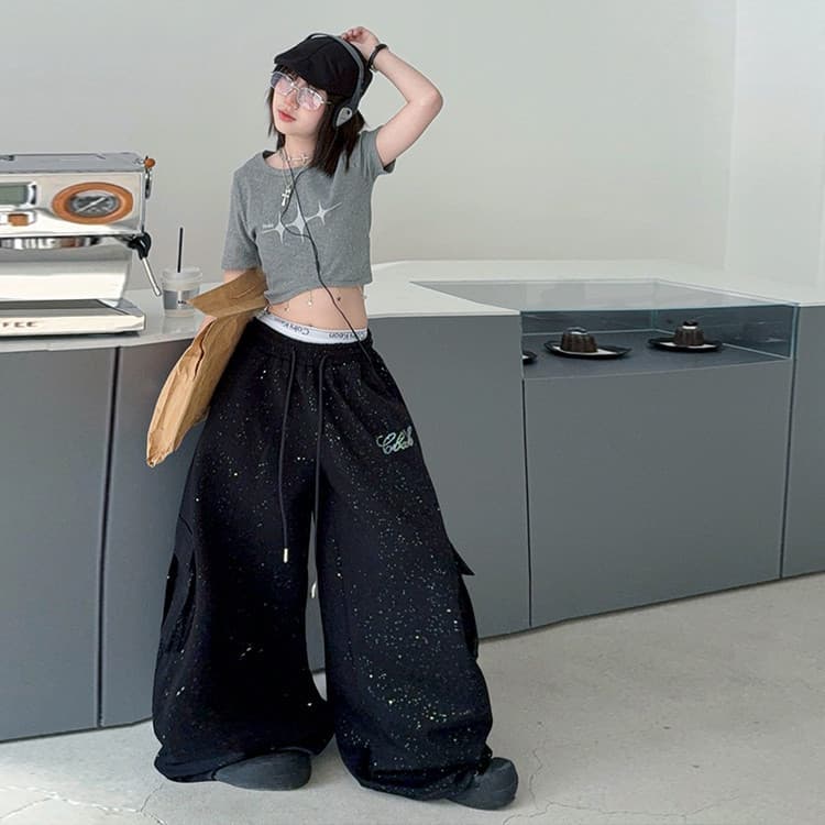 Girls Jazz Dance Performance Outfit, Summer Cool Hot Girl Style Short Sleeve Top with Rhinestone Cargo Pants Hot Girl Outfit