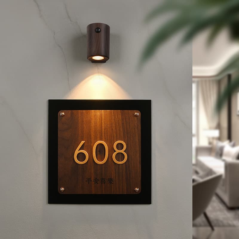 2025 New Vintage Style Walnut Acrylic Double-layer Charging Sensor Light, Household Illuminated Door Plate Production
