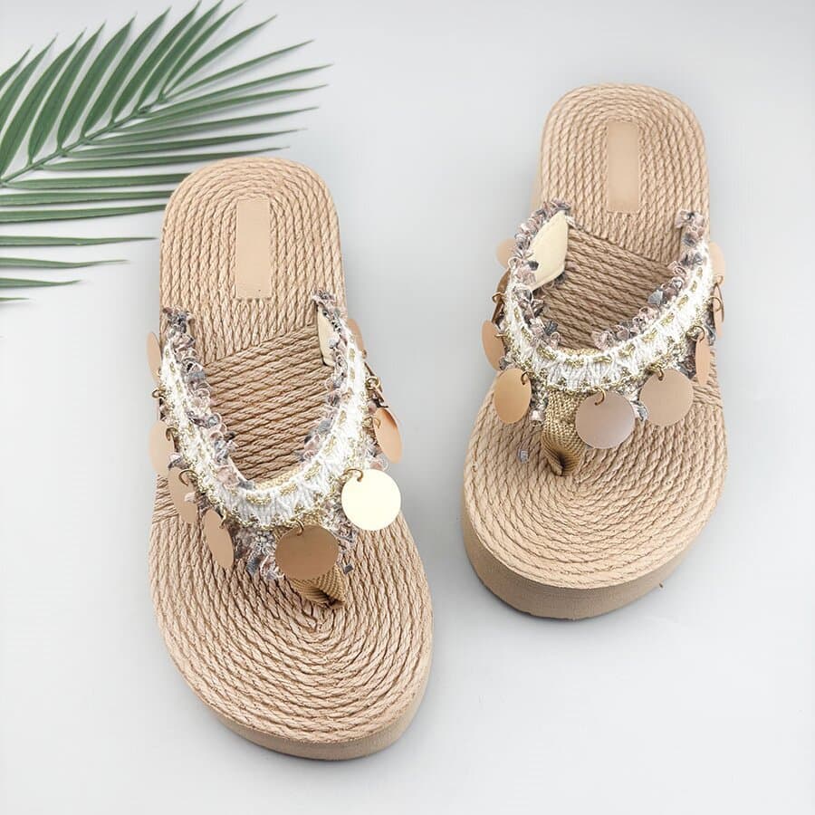 Xishuangbanna Thick Sole Flip Flops Ethnic Style Sequins Summer Wedge Sandals Women's Travel Outdoor Wear