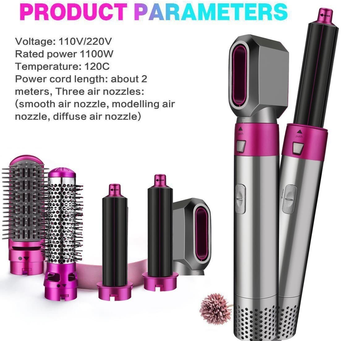Cross-border 5-in-1 Hair Dryer Negative Ion Curling Iron Auto-Suction Styling Comb Bladeless Hot Air Brush Straightener