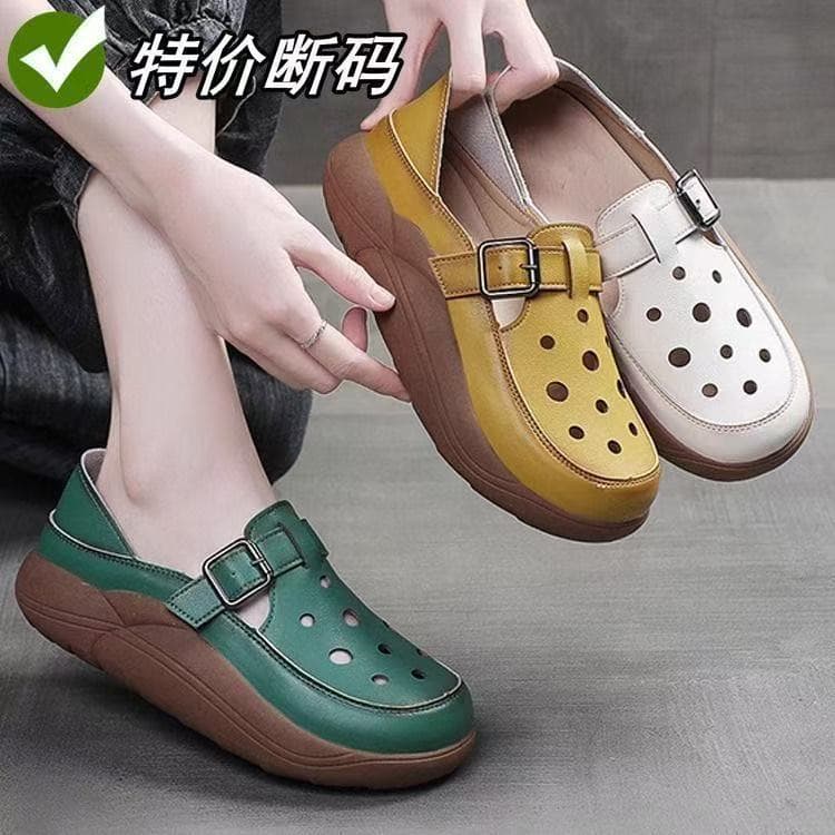 Retro Chic Hollow Soft Leather Roman Sandals Women 2025 Summer New Two-Way Clogs Casual Flats