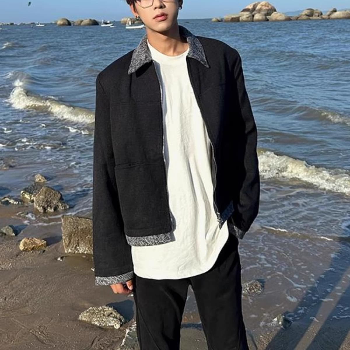 2025 new versatile small fragrance style high-end jacket men's loose casual American retro lapel black jacket