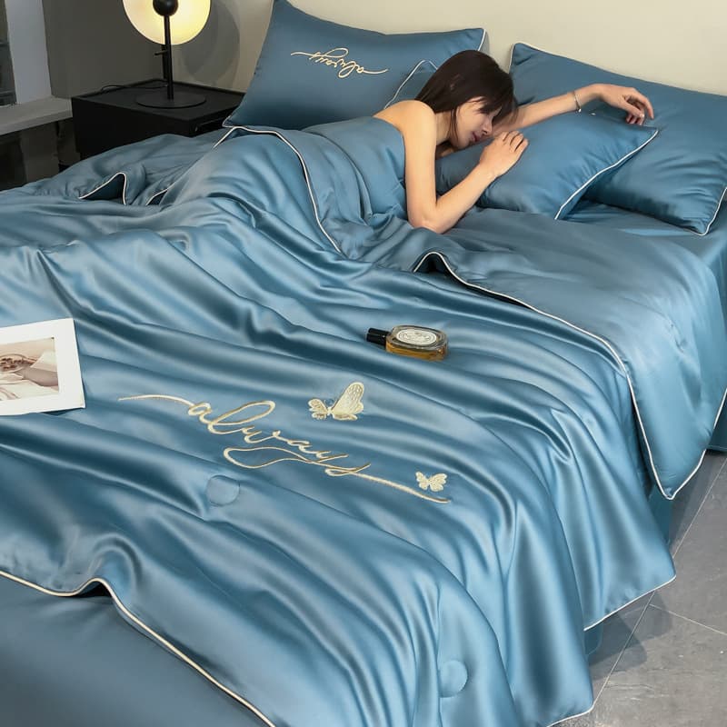 Summer Quilt Washable Silk Tencel Cooling Blanket Air Conditioning Quilt Ice Silk Summer Quilt 3-Piece 4-Piece Set Machine Washable