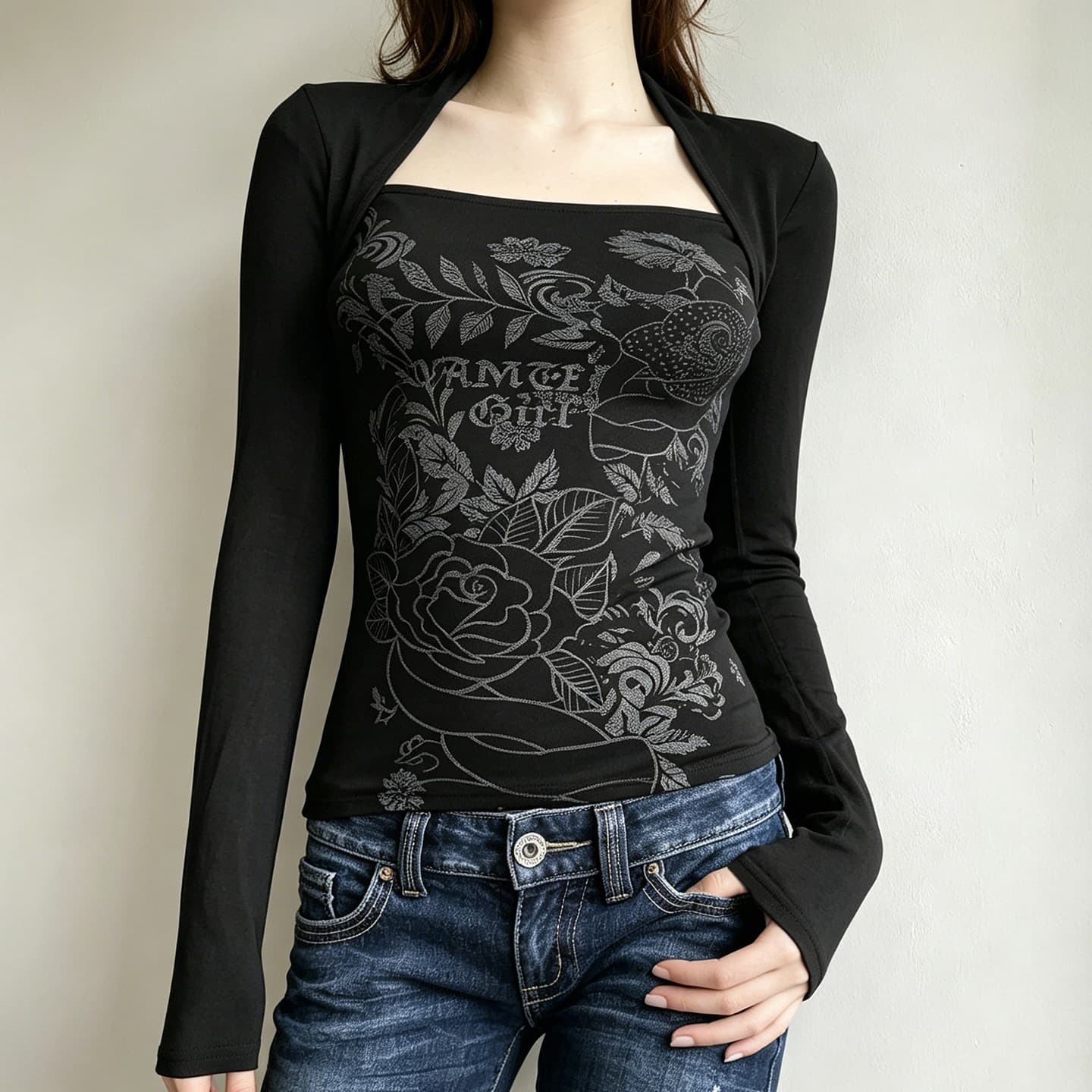 American Sexy Dark Flower Print Square Neck Slim Long Sleeve T-Shirt Hot Girl Showing Clavicle Irregular Waist Top