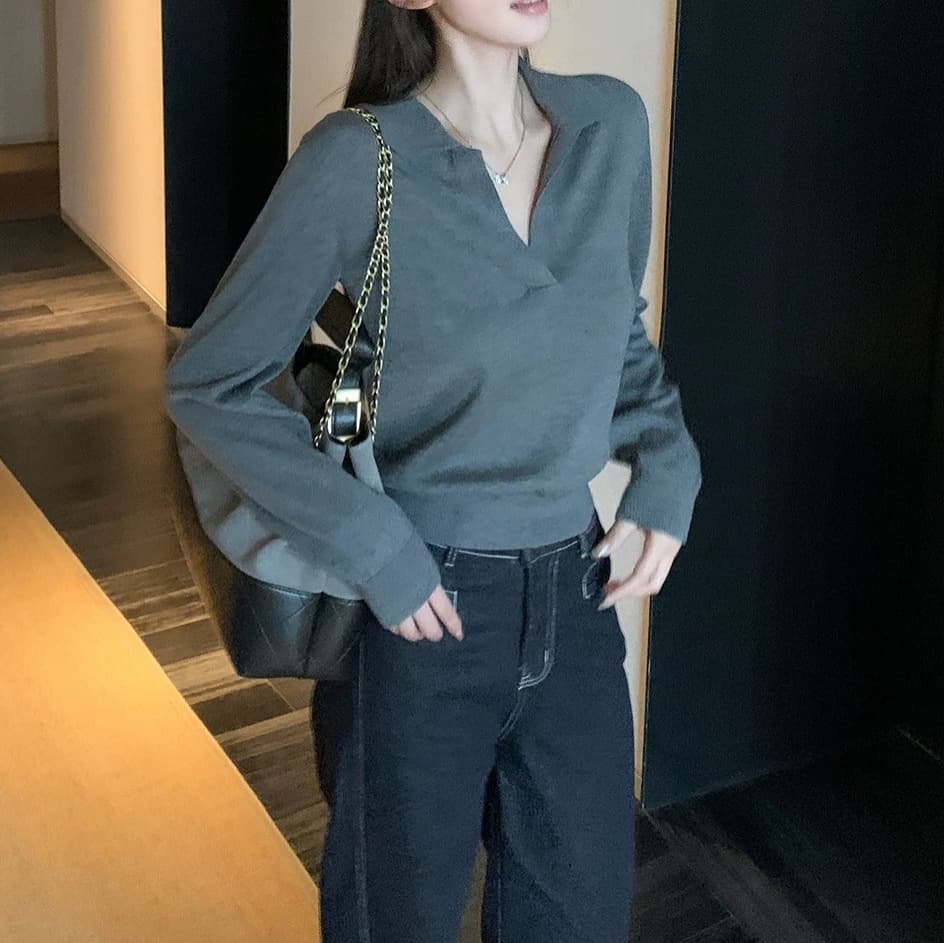 Old money style Polo collar knitted pullover sweater for women early spring new Japanese and Korean unisex loose casual long-sleeved jacket