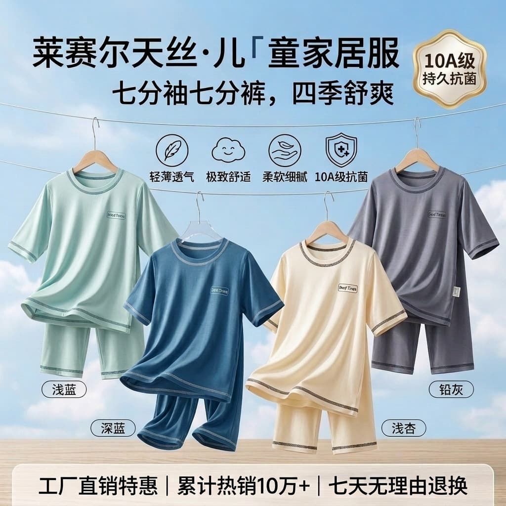 Boys' Summer Pajamas, Thin Yocos 7/10 Sleeve 7/10 Length Set, Baby Air Conditioning Suit