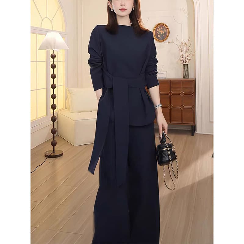 Plus Size Women's Fashion Casual Suit Spring Autumn New Fat mm Age-Reducing Belted Top and Long Pants Two-Piece Set