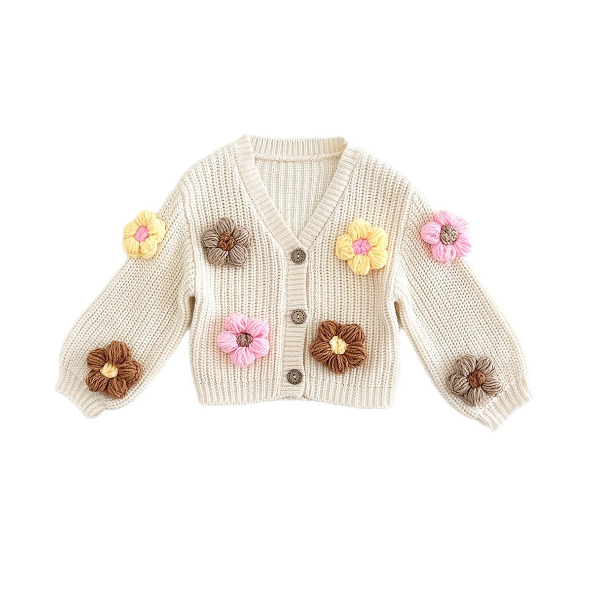 Korean Style Toddler Thick 100% Cotton Knit Cardigan, Autumn/Winter Baby Girl School Style Floral Cardigan, Cross-Border