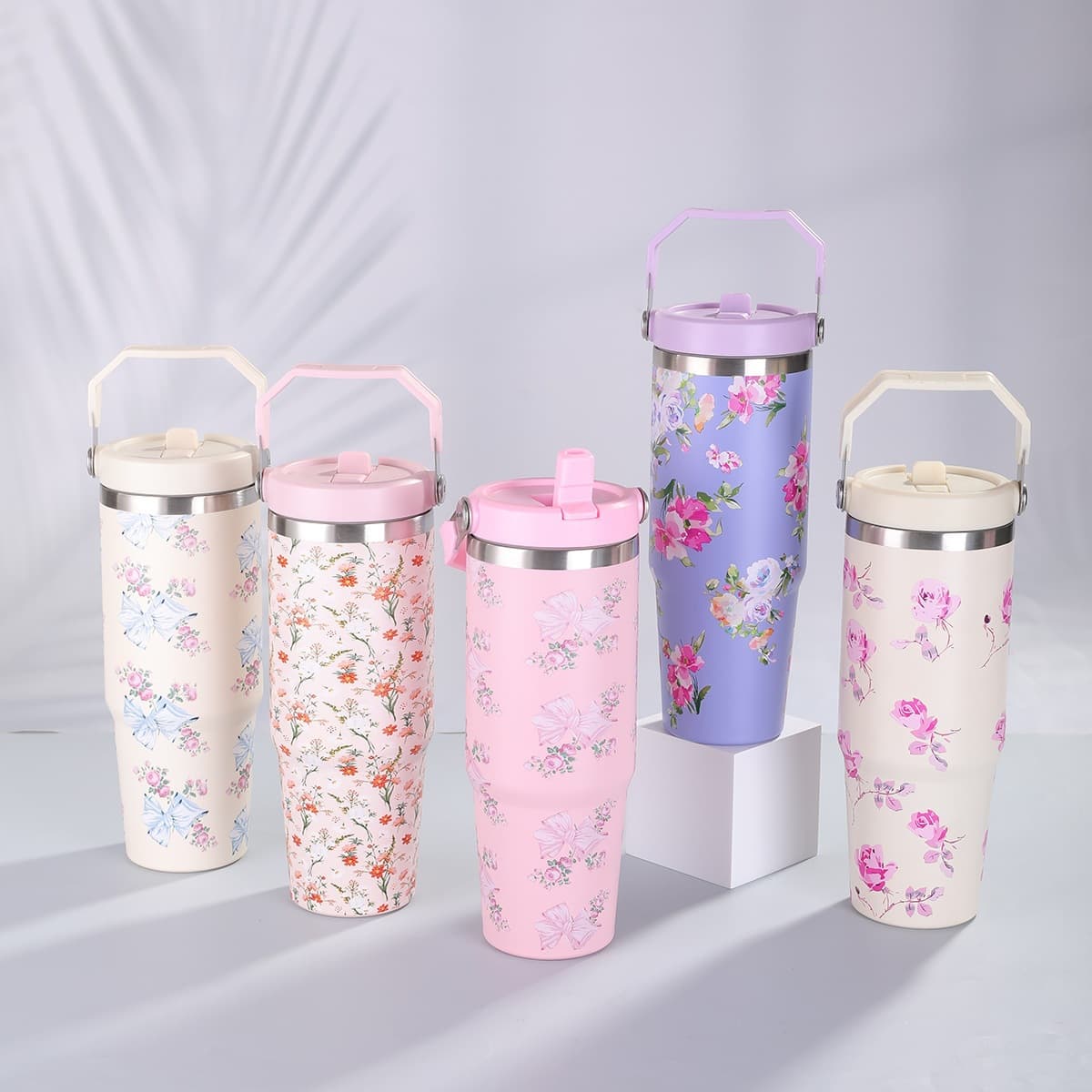 30oz Stainless Steel Handle Car Cup Creative Floral Single-Drink Straw Insulated Tumbler Outdoor Large Capacity Ice Master Cup