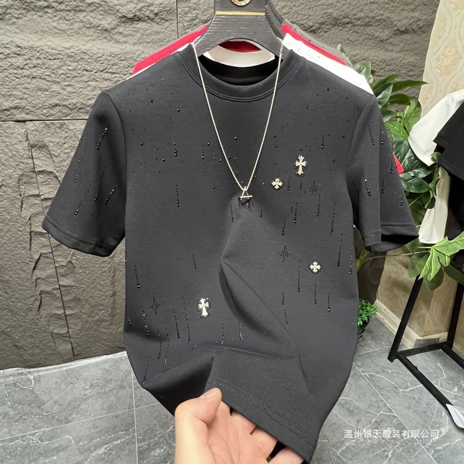 Summer New Meteor Full Rhinestone Streetwear Crew Neck Short Sleeve Men's Embellished Rhinestone Embroidery Casual Crew Neck T-Shirt Half Sleeve