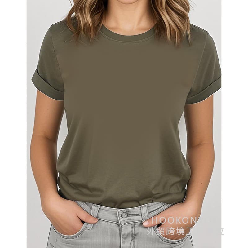 【Ouma Cotton T】Solid Color T-Shirt Casual Short Sleeve Round Neck Spring/Summer Top, Women's Clothing Army Green