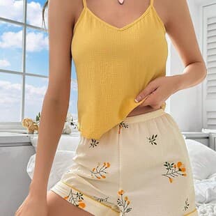 EU-US Amazon Cross-Border Summer Breathable Comfortable Homewear Cotton Crepe Solid Color Camisole Fashion Floral Pajamas for Women