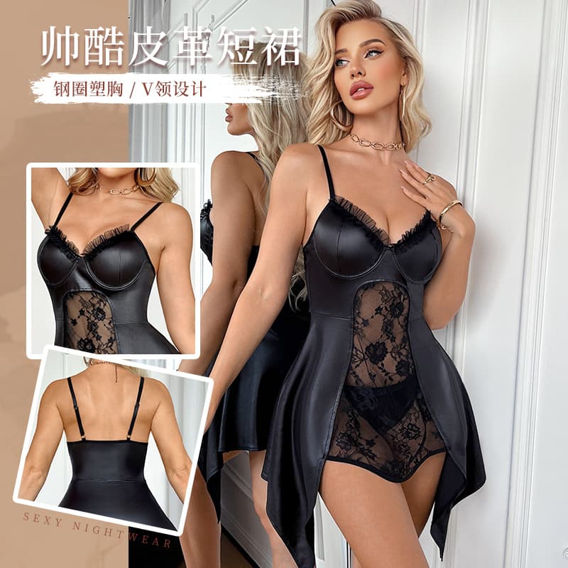 Sexy Hot PU Leather Suspender Dress Lace Sheer Mini Dress Nightclub Queen Date Night Sleepwear Battle Suit Wholesale