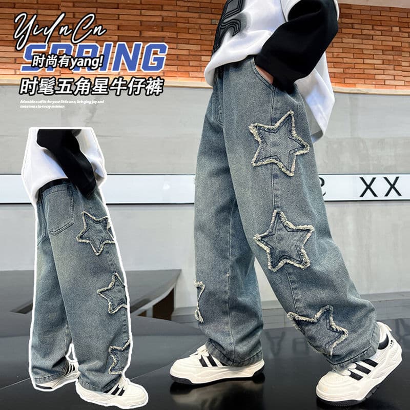 Boys' Korean Style Jeans for Spring and Autumn, Casual Loose Fit Long Pants with Five-Point Star for Older Kids