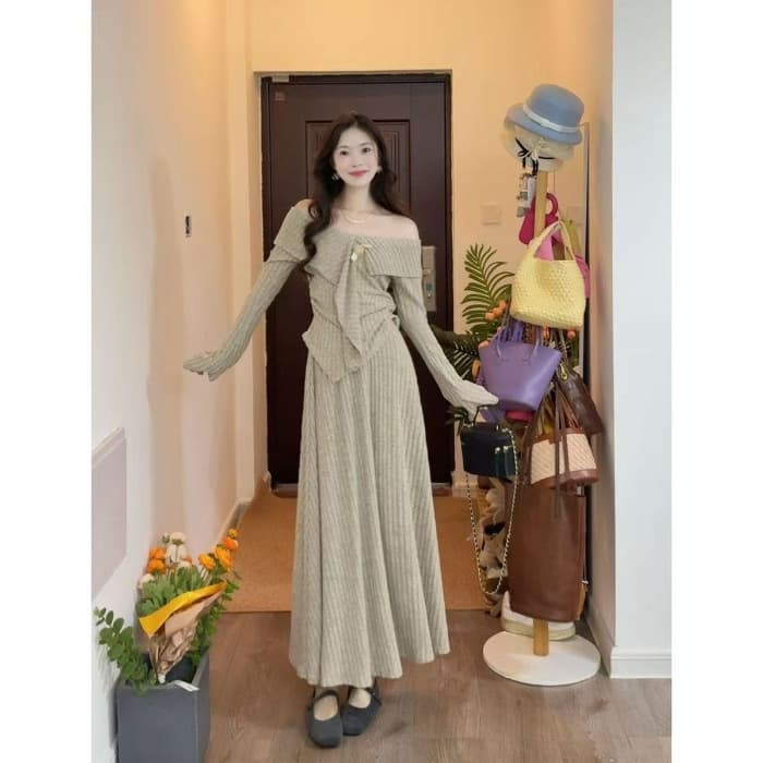 Korean-style Fashionable Outfit Set: New Gray Knit Dress for Women, Autumn/Winter Long Skirt Two-Piece Set