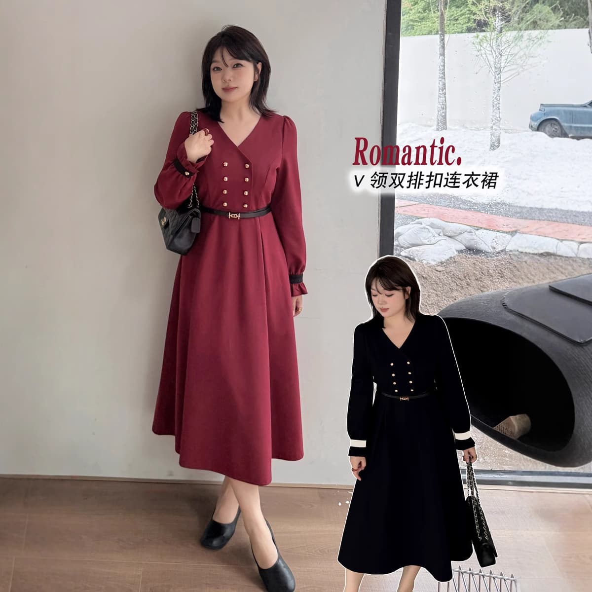 k3161 plus size women's spring and autumn French style V-neck waist long puff sleeve dress fat sister skirt