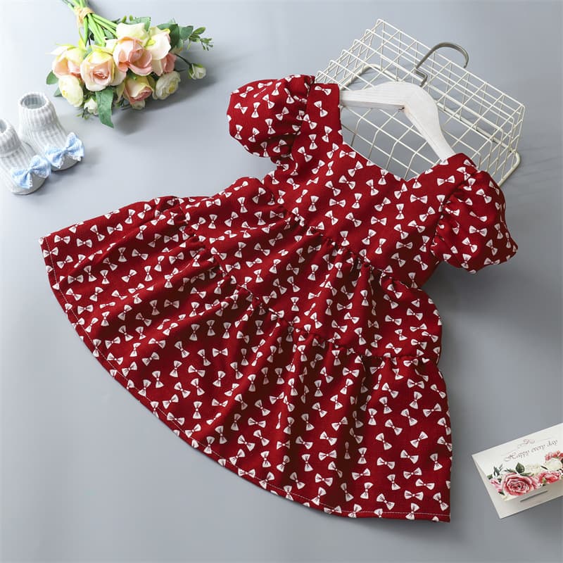 Girls Floral Print Dress Children Princess Dress Bow Dress Wholesale for Toddlers and Kids