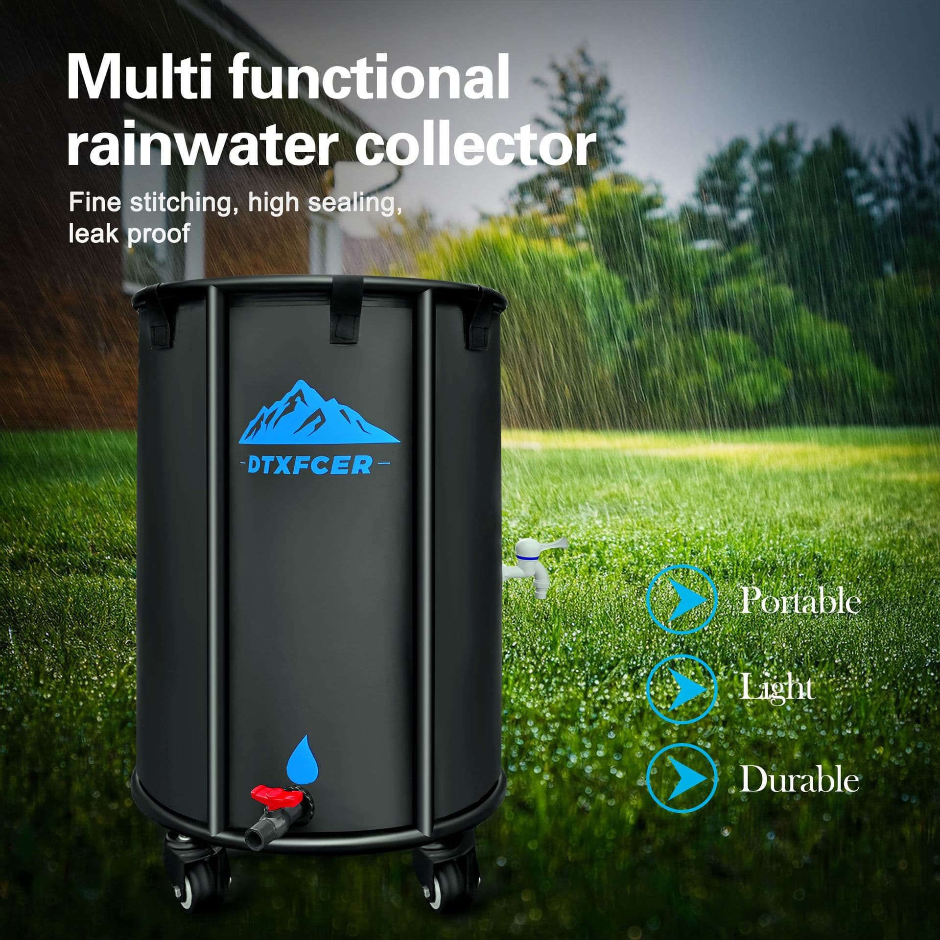 US patented, portable PVC folding water bucket, garden rain barrel, rainwater collector with wheels for water storage