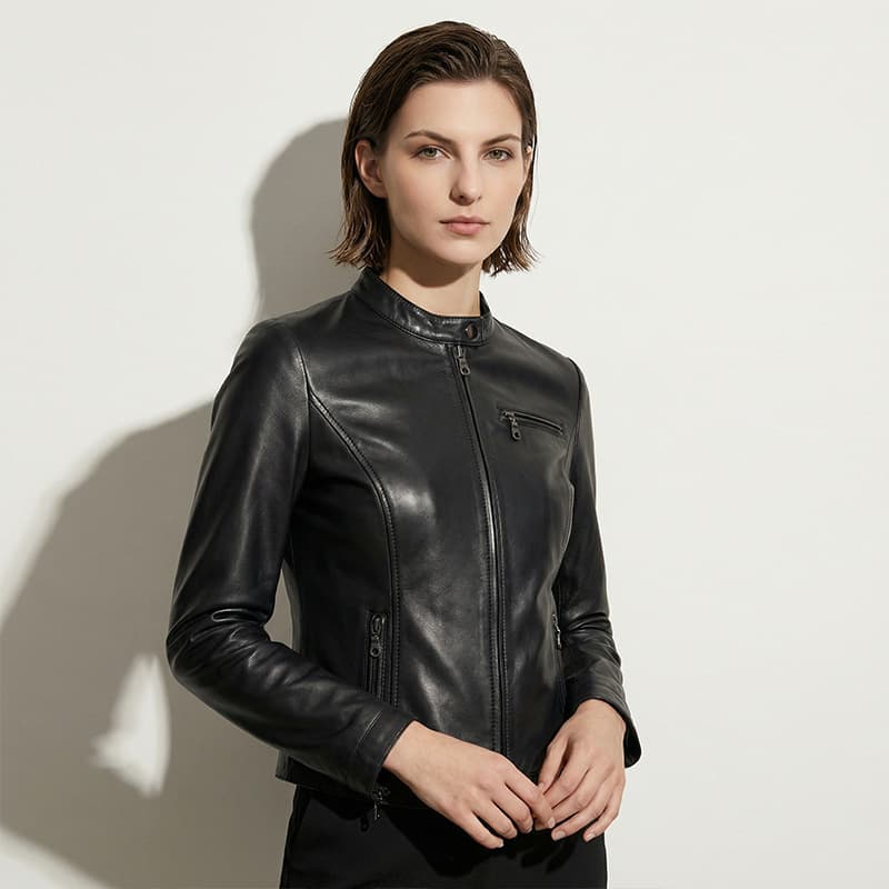 Korean simple black stand-up collar motorcycle leather jacket for women slim and versatile short leather jacket top for small people