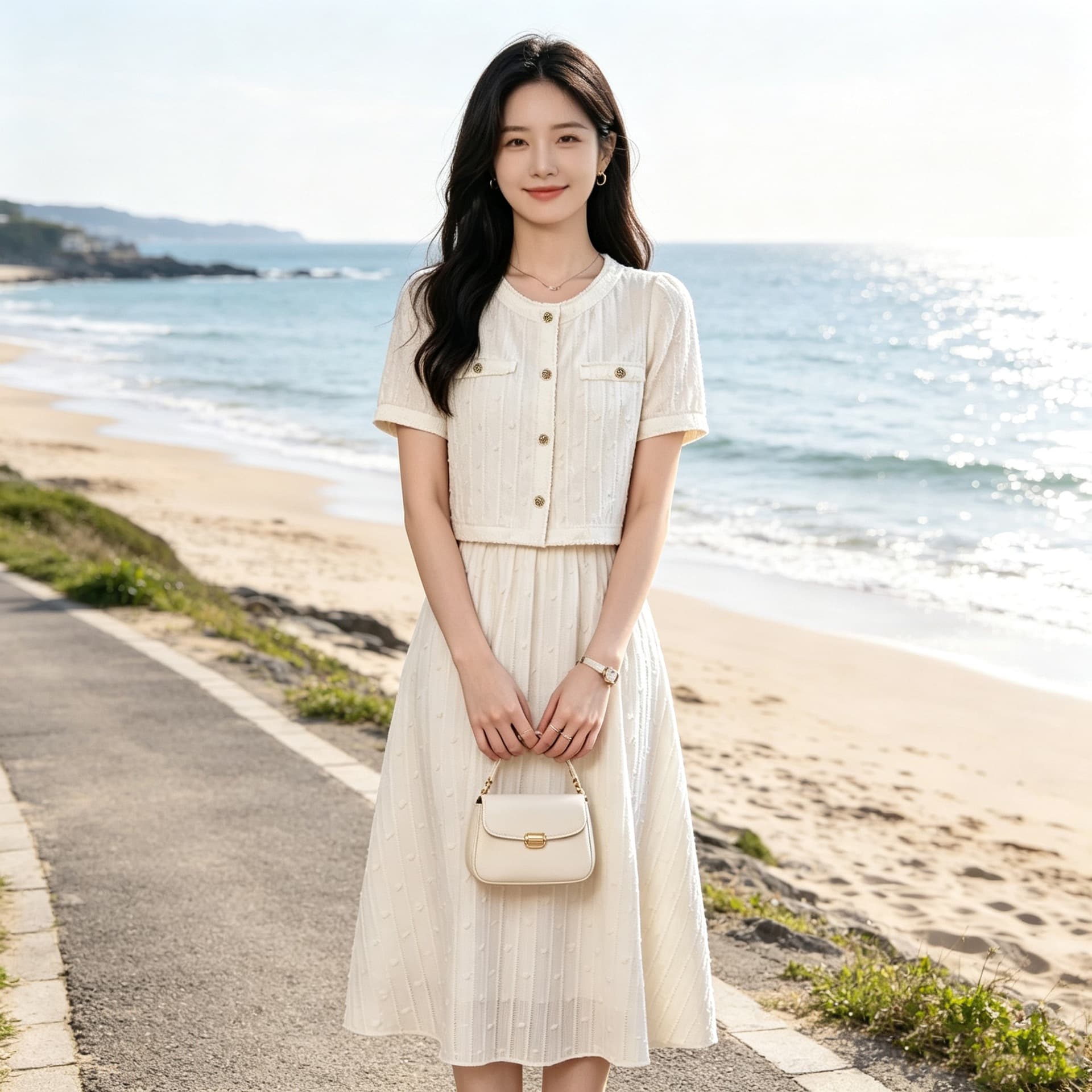 Chanel-Style Chic Textured Suit for Women Petite Summer New Round Neck Blouse + Skirt Two-Piece Set