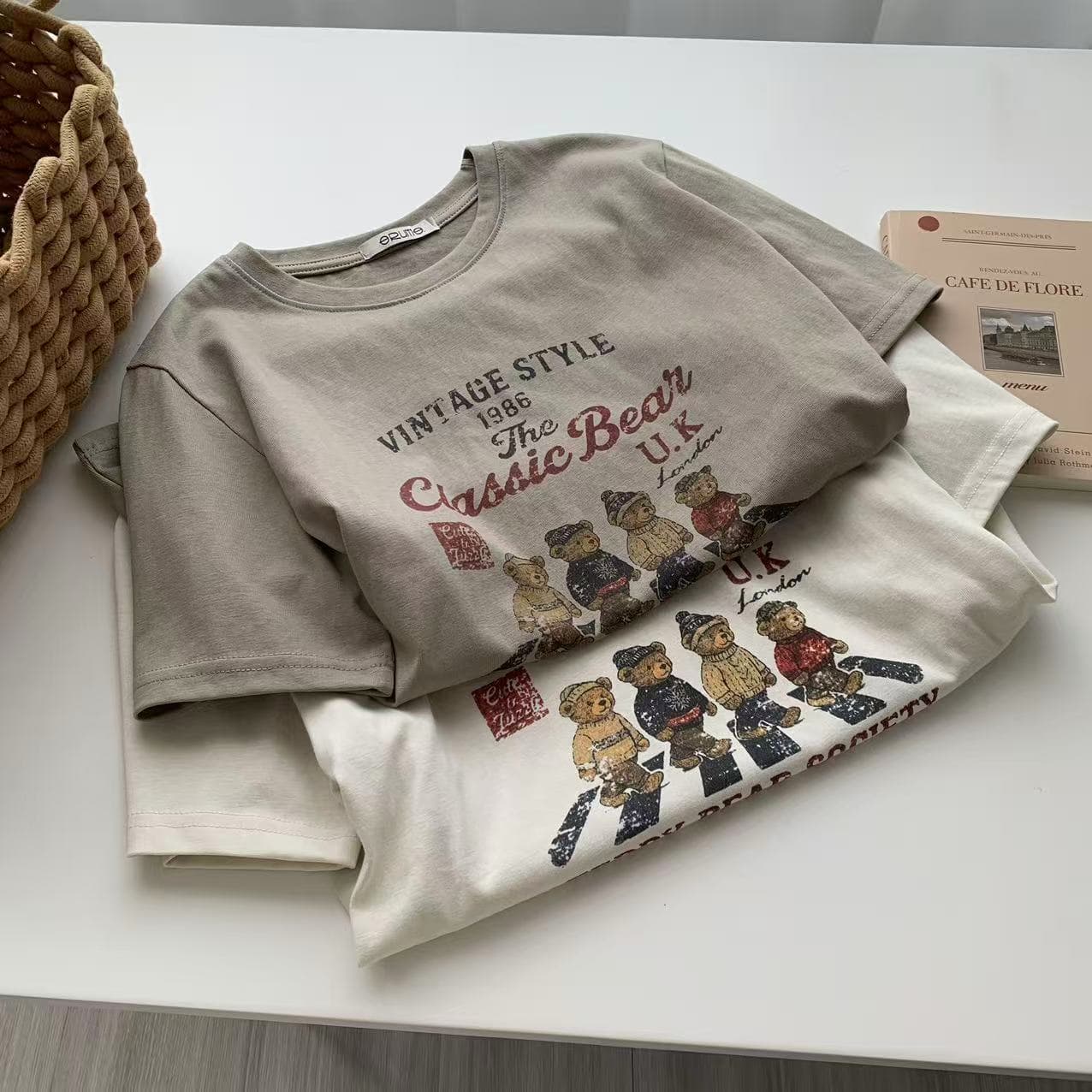 Korean Cartoon Bear Print Round Neck Short-Sleeved T-Shirt for Women 26th Summer New Style Loose Casual Versatile Top Tee