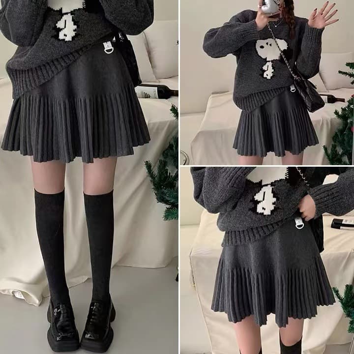 Autumn/Winter Versatile High-Waist Knitted Pleated Skirt for Petite Plus Size Women, Black