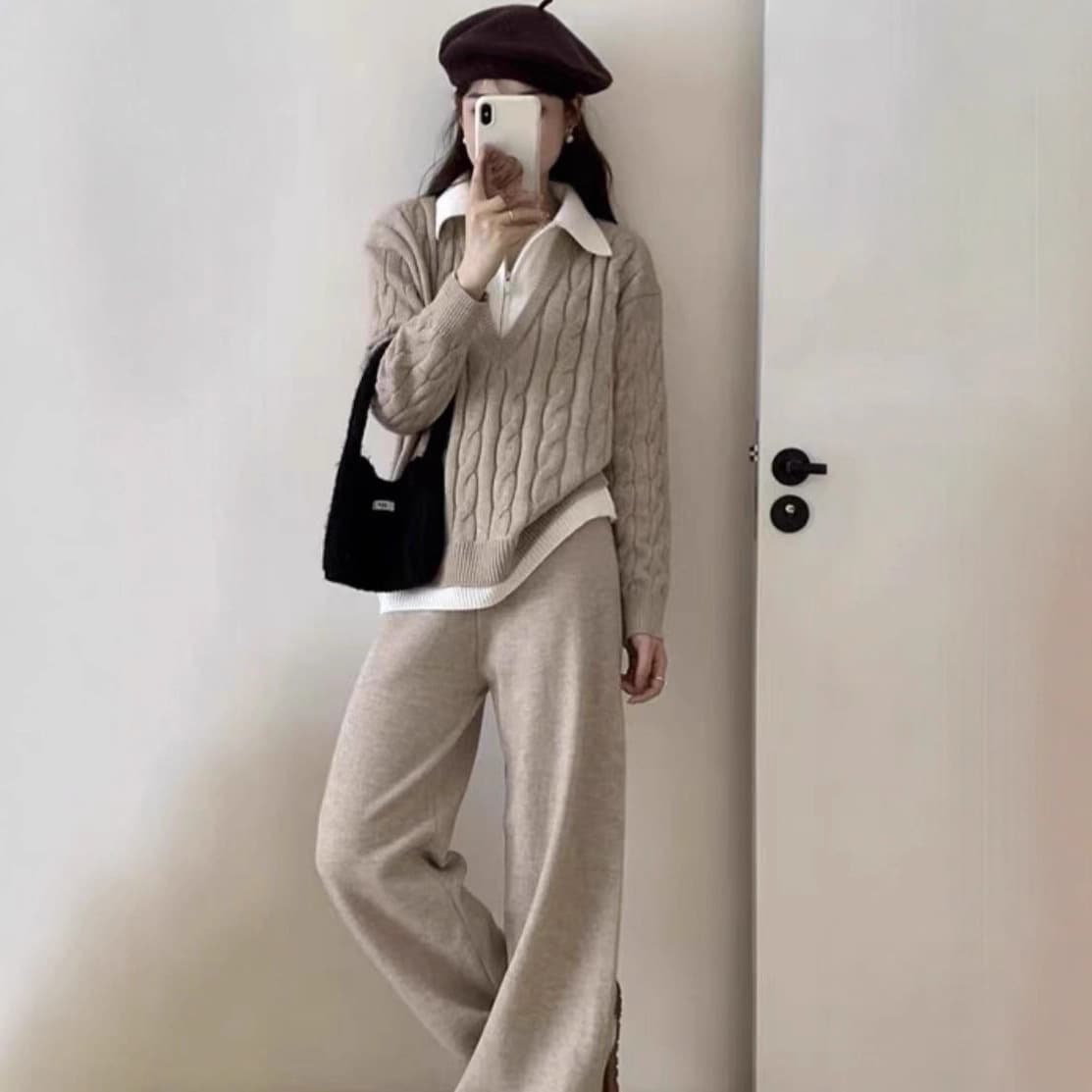 2025 New Fashion Casual Knit Suit Women's Polo Neck Faux Two-Piece Cable Knit Top Wide-Leg Pants Two-Piece Set