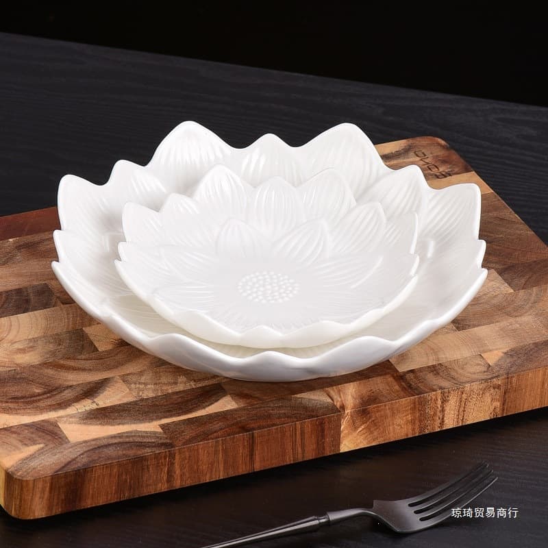 Lotus Bowl Fruit Plate Buddhist Hall Tribute Fruit Plate Pure White Ceramic Bowl Salad Bowl Home Afternoon Tea Dessert Plate Others