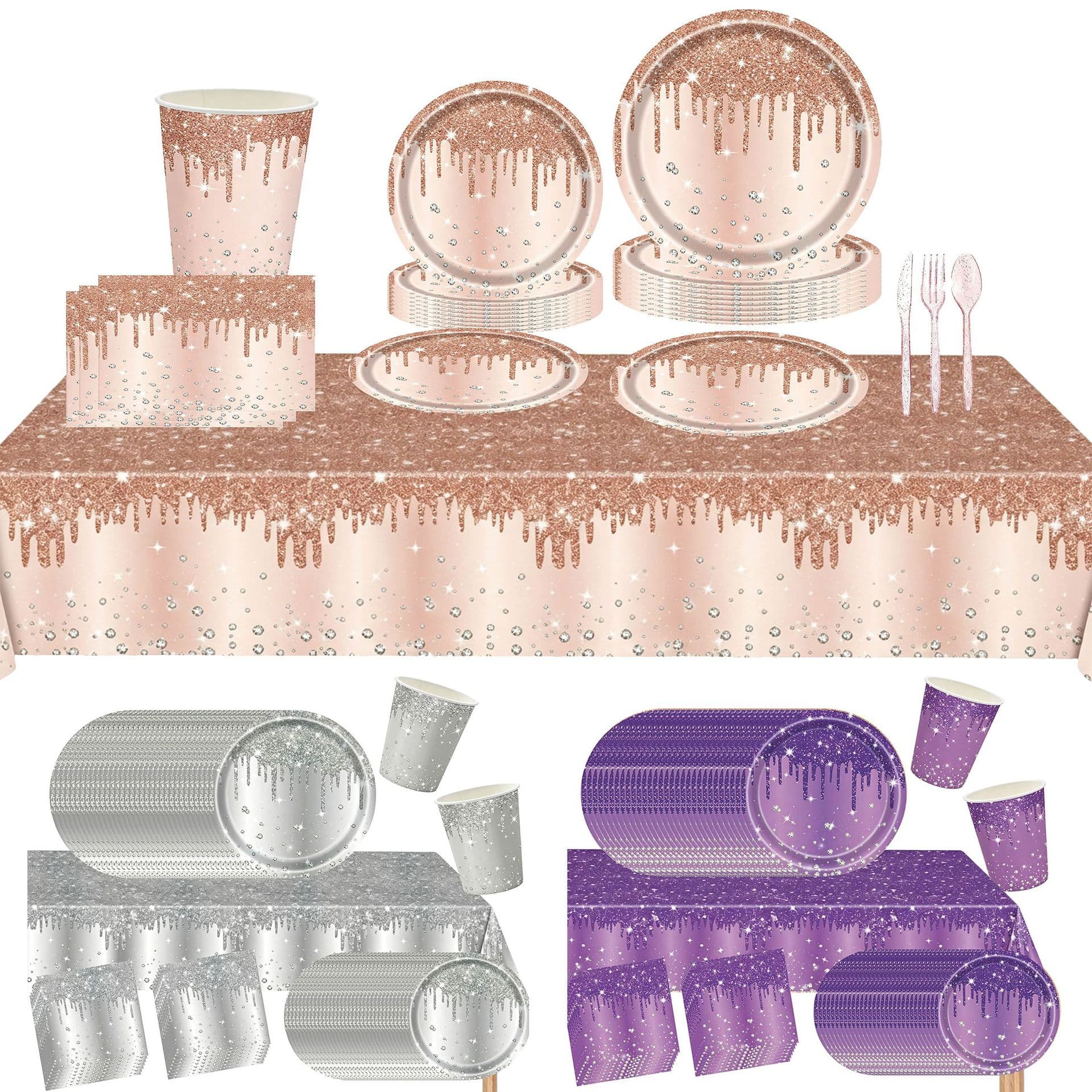 Cross-border Disposable Paper Plates Rose Gold Diamond Napkins Women's Birthday Anniversary Wedding Disposable Tableware Decorations