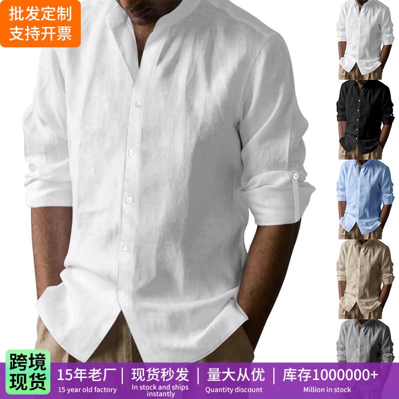 2026 Amazon Cross-Border Linen Blend Stand Collar Long Sleeve Shirt Summer Loose Henry Neck Casual Chinese Style Top