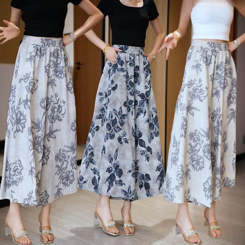 Gray Vintage Palazzo Pants with Chinese Blue-and-White Porcelain Print, High-Waist Flowing Slimming Casual Trousers for Women