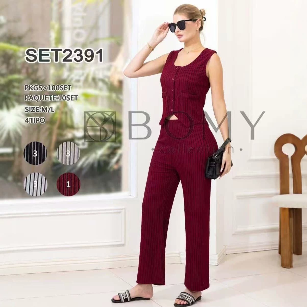New Qianqianye Vertical Stripe Knit Set Women's Sleeveless Vest High Waist Long Pants Home and Outwear Two-Piece Set