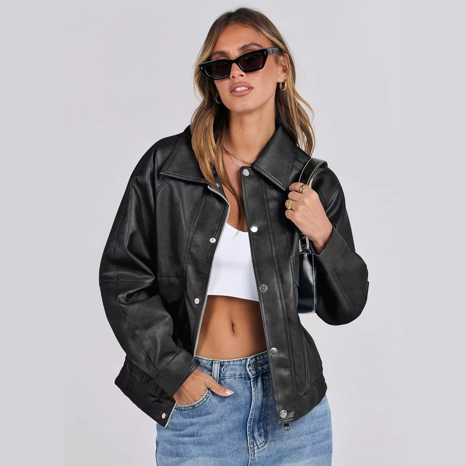 Basic Versatile Short Leather Jacket for Women Slim Fit PU Coat Cross-Border Supply