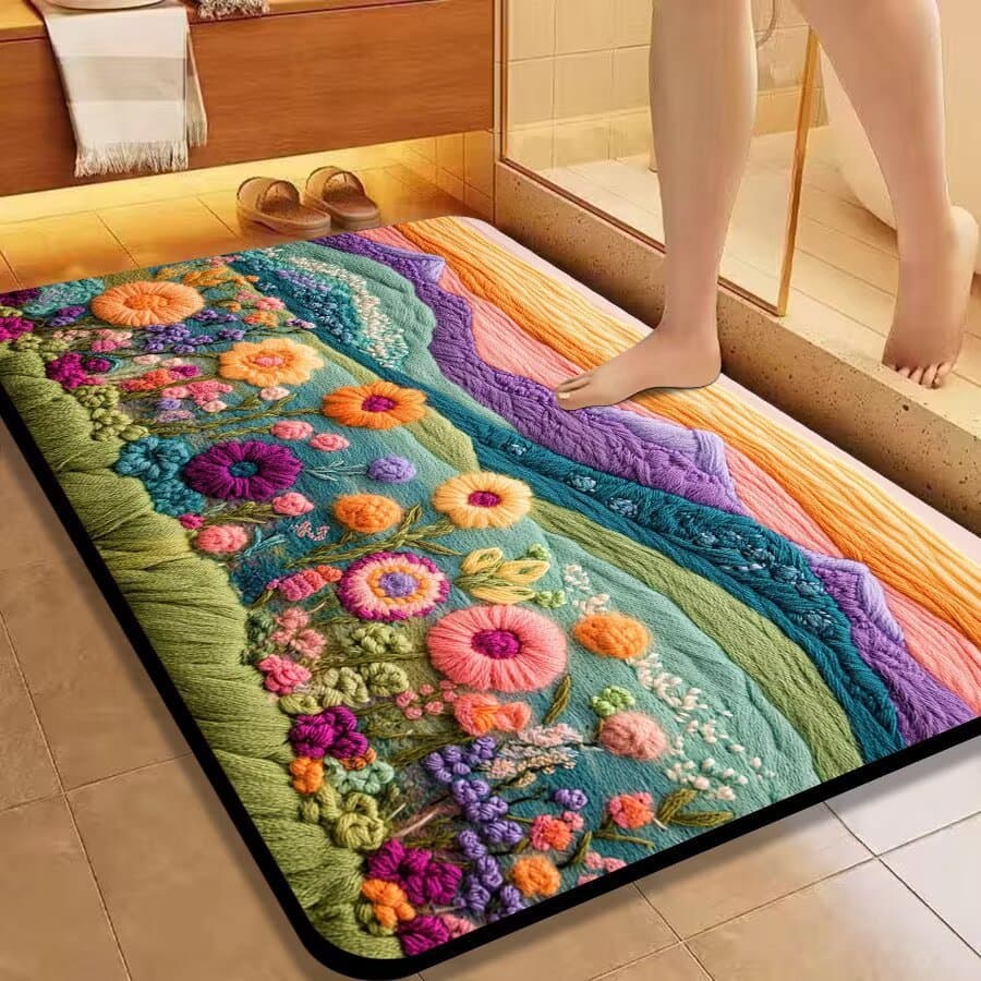 New Floral Bathroom Mat Diatom Mud Floor Mat Entry Door Mat Bathroom Water-Absorbent Stain-Resistant Non-Slip Mat Kitchen Home Use
