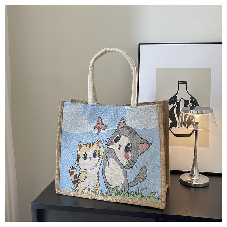 Linen Bag Embroidered Cartoon Tote Bag Large Capacity Shoulder Bag Fashion Shopping Bag Advertising Bag Gift Bag