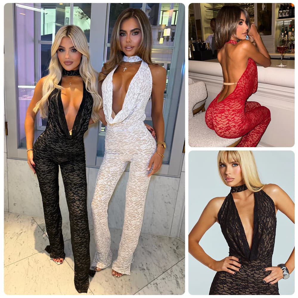 2025 Cross-Border Sexy Halter Neck Jumpsuit Deep V-Neck Backless Slim Fit Bodycon Long Party Dress Jumpsuit for Women