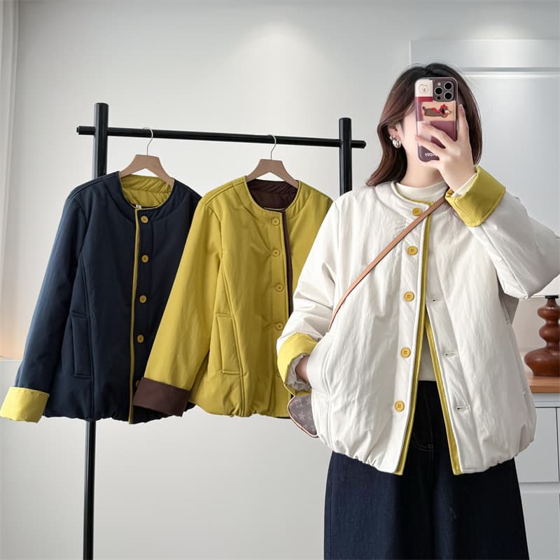 2025 Autumn Large Size Contrast Color Cotton Clothes Women's Versatile Round Neck Cotton Clothes for Fat Girls Niche Fashion Slim Cotton Jackets 2588