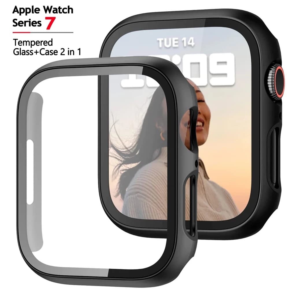 Frosted PC Case with Tempered Glass Screen Protector for iWatch 7 and Apple Watch