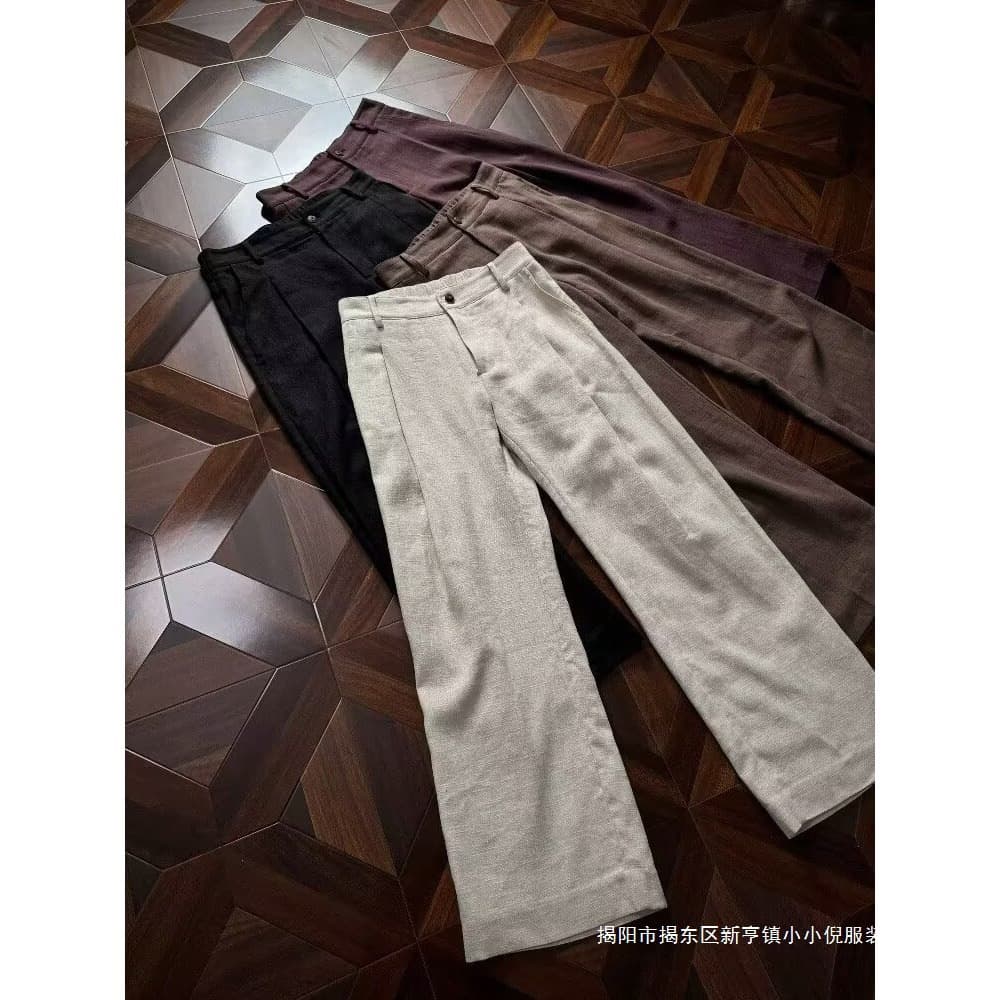 Old Money Style Linen Casual Pants Men's Autumn Wear Flared Wide Leg Long Pants Men's High Waist Straight Suit Pants