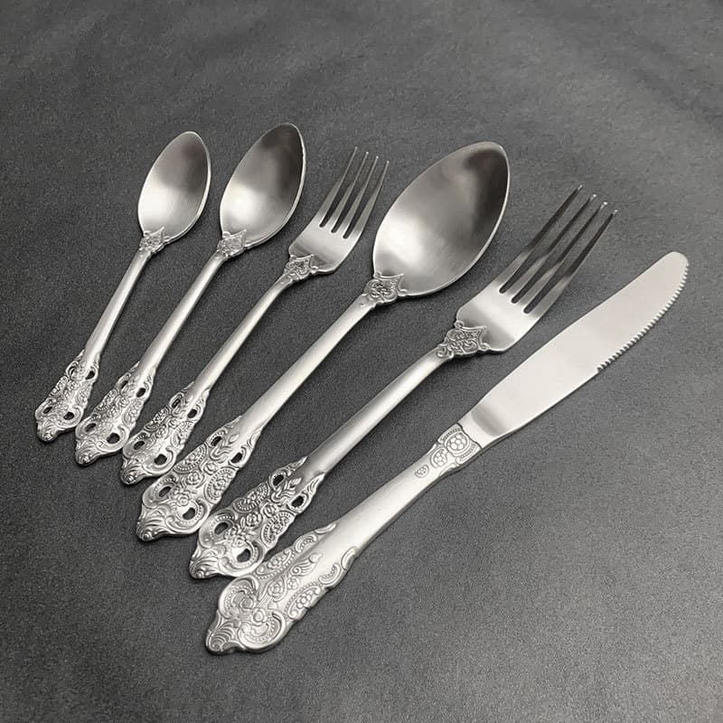 Cross-border Stainless Steel Royal Cutlery Set Vintage European Relief Creative Steak Knife Fork Spoon Tea Spoon Tea Fork Western Tableware