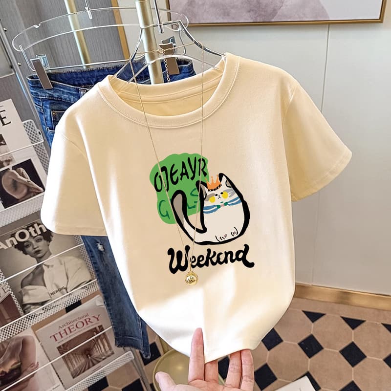 2025 summer pure cotton round neck right shoulder short-sleeved t-shirt for women apricot loose ins trendy half-sleeved top versatile T-shirt