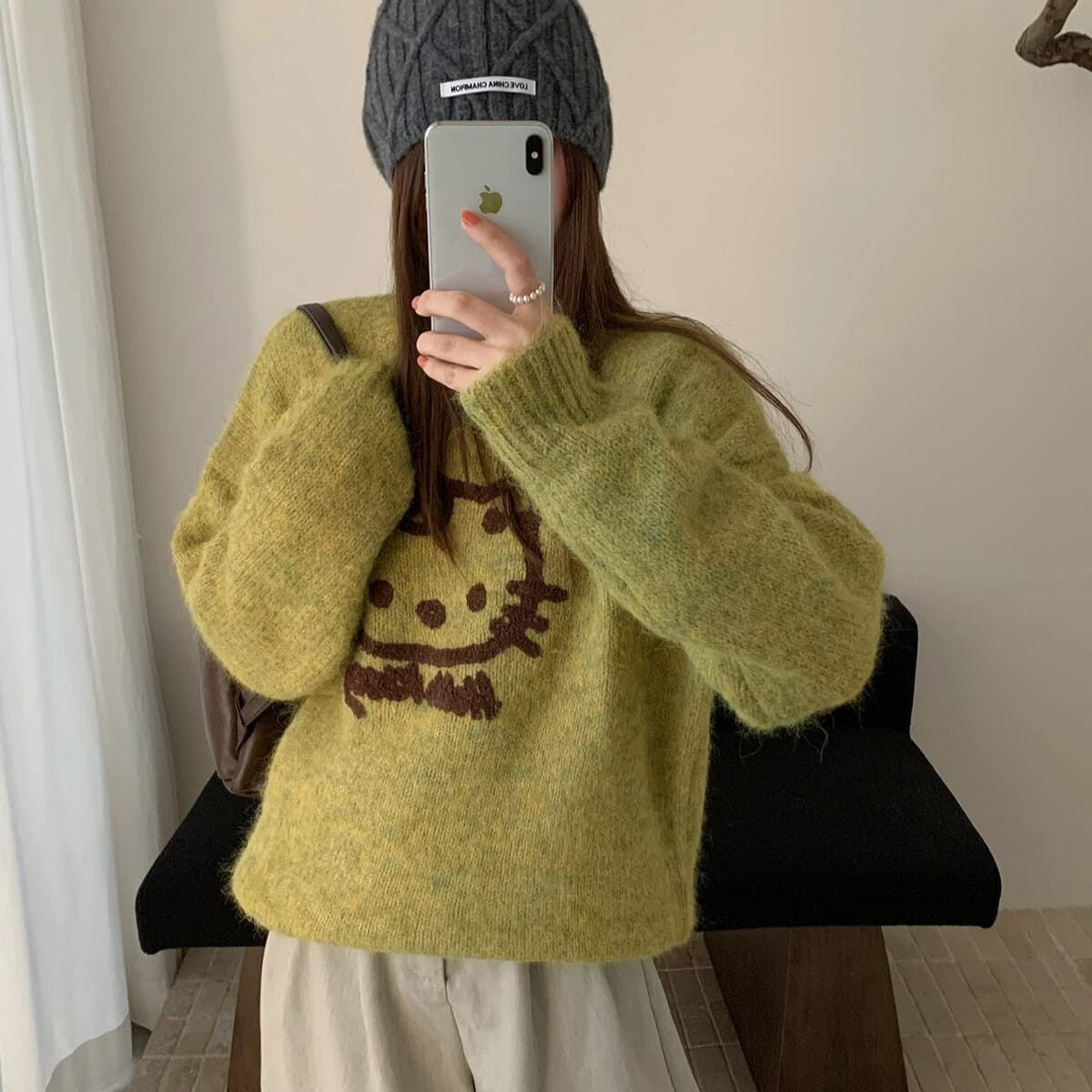 Merino Wool Hello Kitty Lazy Relaxed Oversized Knit Sweater, Korean Style Cute Adorable Women's Top