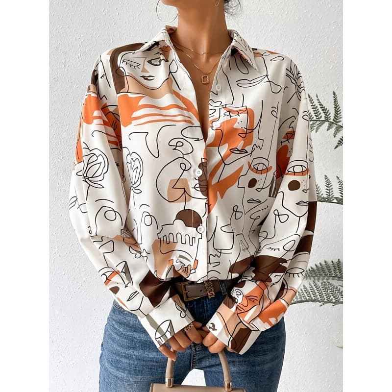 Elegant Commuter Style Abstract Pattern Print Long-Sleeve Cardigan Shirt for Vacation and Leisure WY25 Cross-Border Export