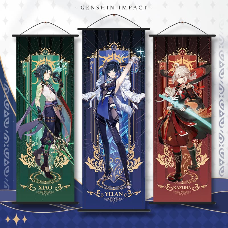Anime New Series Hanging Scroll Silk Poster Zhongli Venti Ganyu Xiao Scroll Axle Secondary Dimension Merchandise