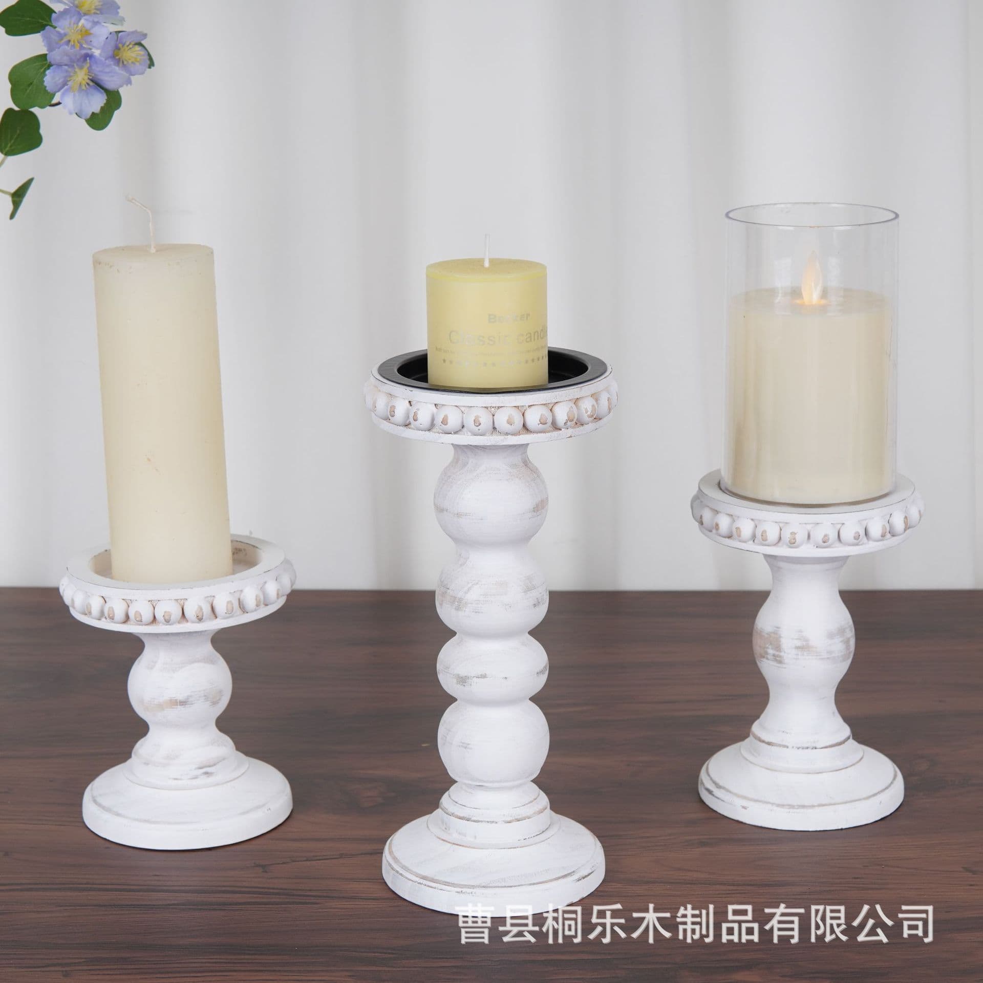 American Country Style Solid Wood Candle Holder Decorative White Wooden Candle Stand for Living Room