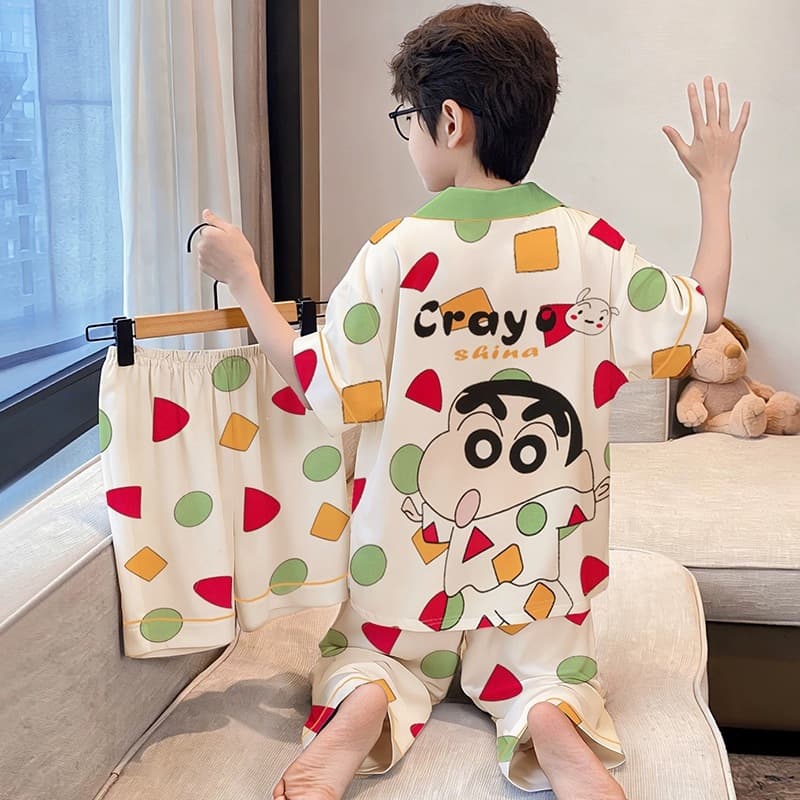 Boys' Ice Silk Sleepwear Summer Three-Piece Set 2026 New Stylish Children's Homewear Short Sleeve Long Pants Air Conditioning Wear