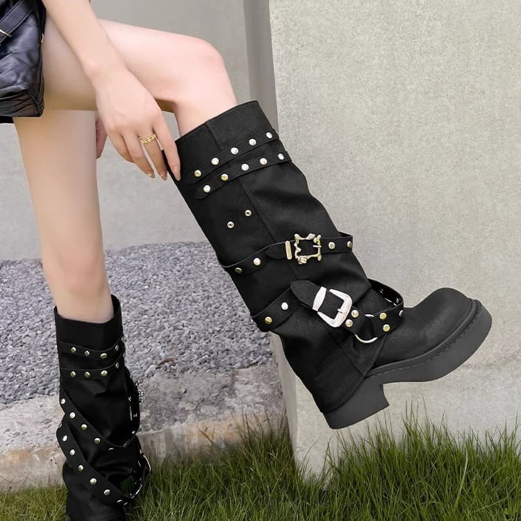 Sweet Cool Rivet Thick Sole Knight Boots Women 2024 Autumn Winter New Punk Style Motorcycle Boots Design Sense Leg Boots Slimming