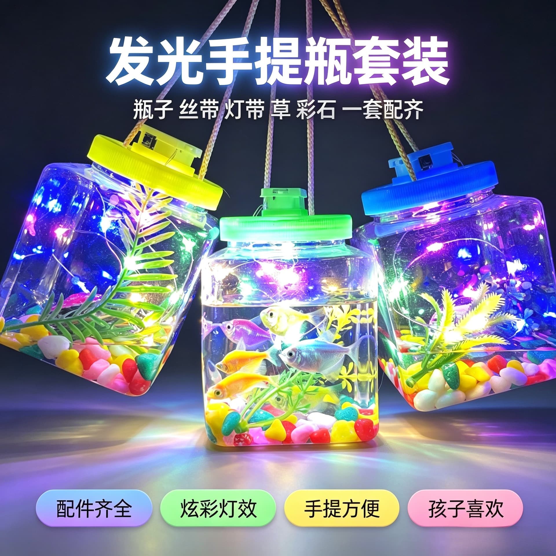 Internet celebrity luminous can fish bottle night market stall bubble fish with light small fish bottle with lid small turtle bottle luminous plastic bottle